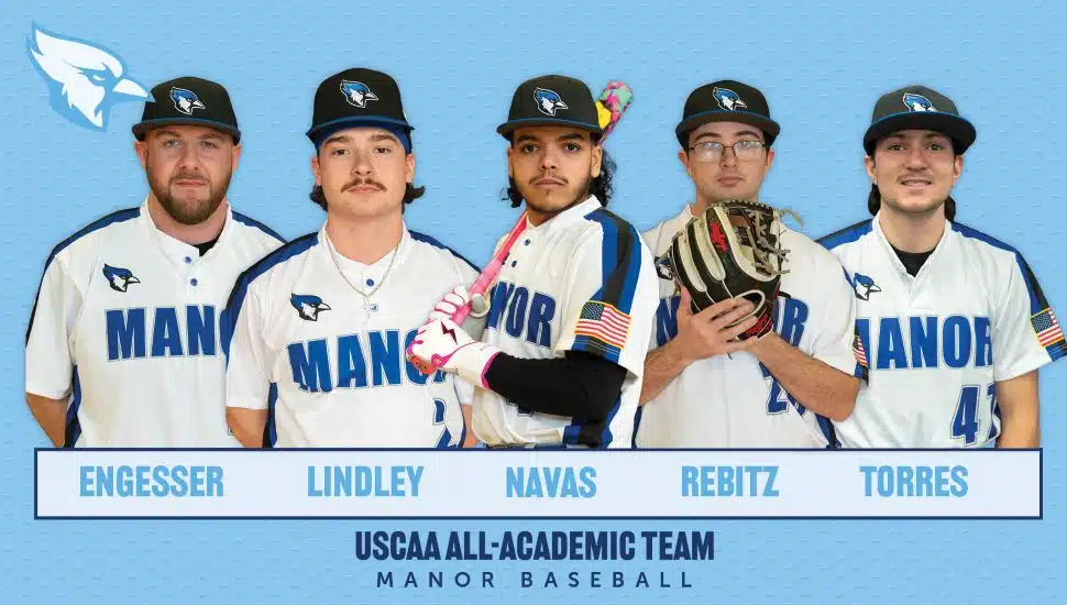 Engesser, Lindley, Navas, Rebitz, and Torres in Manor Baseball uniforms named to the 2026 USCAA All-Academic Team Image caption: Manor Baseball's five 2026 USCAA All-Academic Team honorees: Eric Engesser, Lucky Lindley, Cidrick Navas, Alexander Rebitz, and Jacob Torres.
