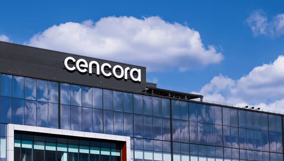The sign for Cencora sits atop its Conshohocken headquarters.