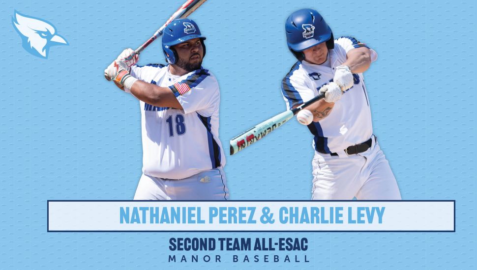 Manor College baseball players Nathaniel Perez and Charlie Levy in batting stances, named Second Team All-ESAC.