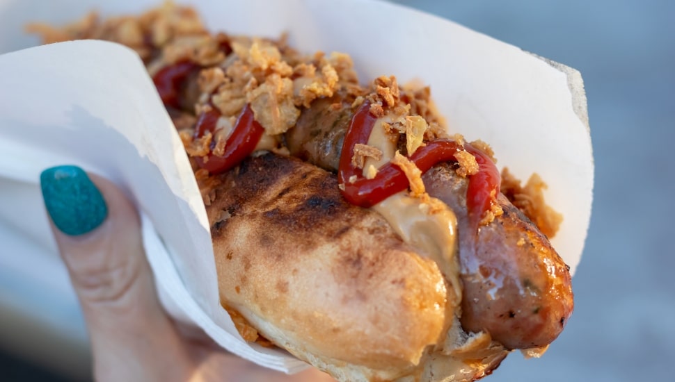 A hand with teal nail polish holds a grilled sausage hot dog topped with crispy onions and ketchup, wrapped in white paper.