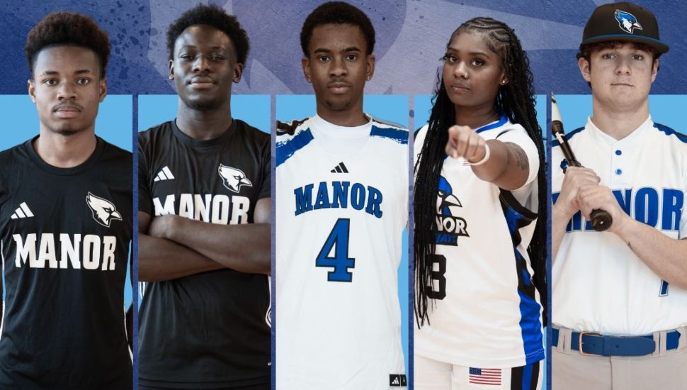 Five Manor College Blue Jays athletes in uniform representing baseball, basketball, and soccer.