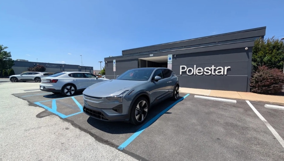 A Polestar car parks outside of its King of Prussia showroom.