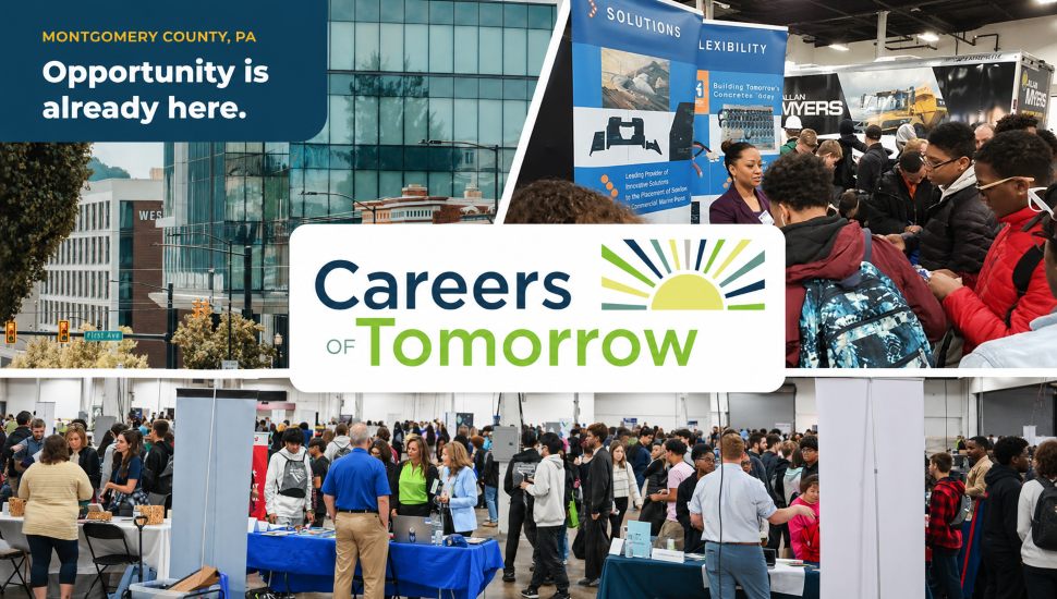 A collage promoting Montgomery County's Careers of Tomorrow initiative featuring the program logo, a Montgomery County streetscape, and students interacting with employers and industry representatives at a large career exploration event. The image highlights workforce development, career pathways and connections between local students and businesses.