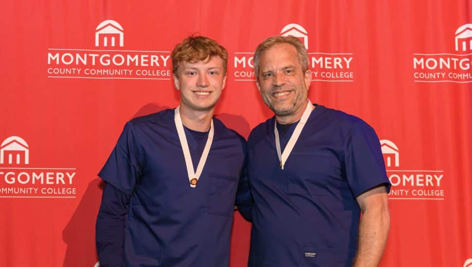 Father and son David Gawel (right) and Aiden Gawel (left) both graduated from Montgomery County Community College’s Dr. Stuart H. & Sandra K. Fine Nursing Program.