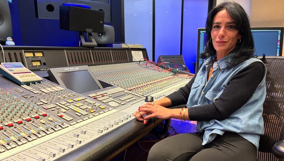 Mia Fanelli, a Sound Recording and Music Technology major in the Mix Room on the Blue Bell Campus of Montgomery County Community College.