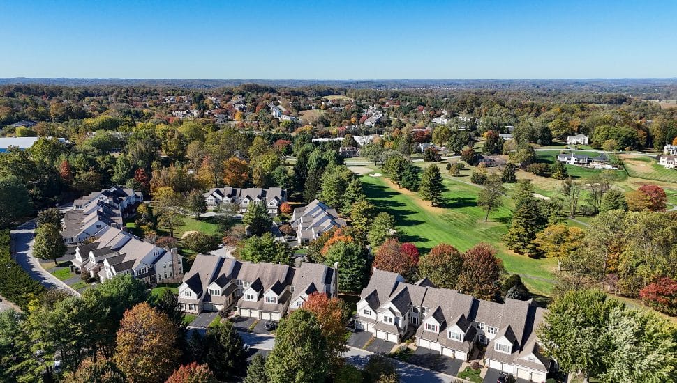 Aerial view of West Chester lands and houses.